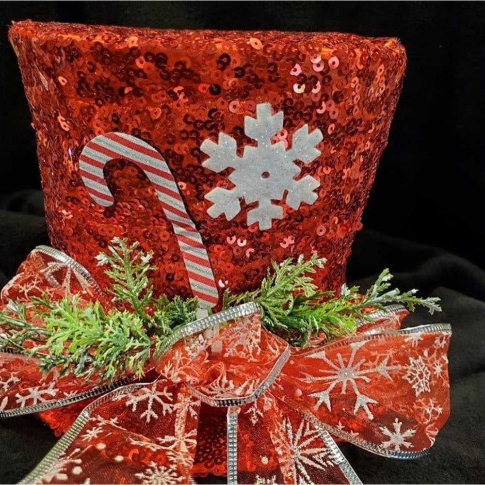 Sparkly Frosty's Christmas Tree Topper Red Sequins Top Hat